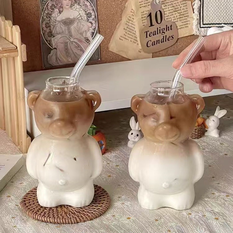 Ceașă din sticlă în formă de urs, pentru cafea, ceașă drăguță desen animat, ceașcă creativă de apă cu pai, pentru suc și ceai cu lapte