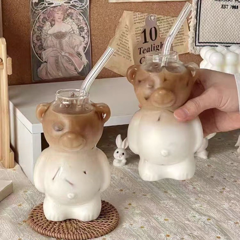 Ceașă din sticlă în formă de urs, pentru cafea, ceașă drăguță desen animat, ceașcă creativă de apă cu pai, pentru suc și ceai cu lapte