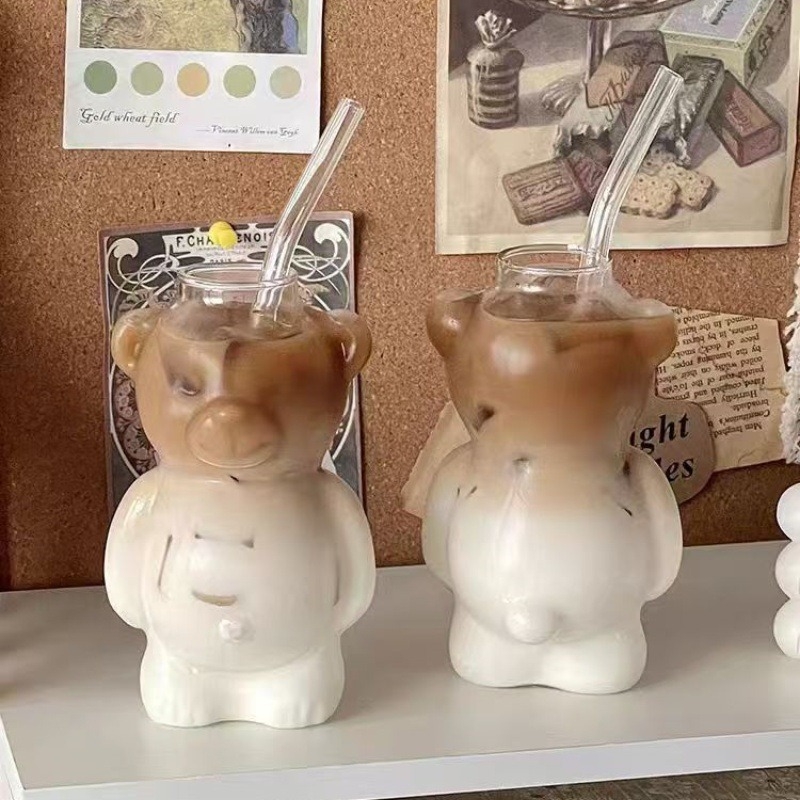 Ceașă din sticlă în formă de urs, pentru cafea, ceașă drăguță desen animat, ceașcă creativă de apă cu pai, pentru suc și ceai cu lapte