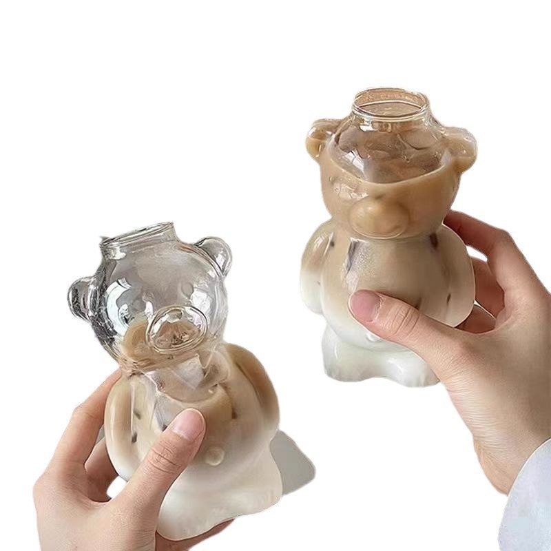 Ceașă din sticlă în formă de urs, pentru cafea, ceașă drăguță desen animat, ceașcă creativă de apă cu pai, pentru suc și ceai cu lapte