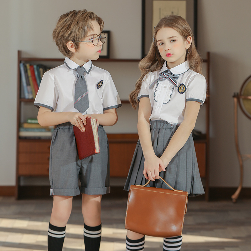 Set uniformă pentru copii, în stil britanic de colegiu – top cu mânecă scurtă și pantaloni, uniformă de vară, unisex