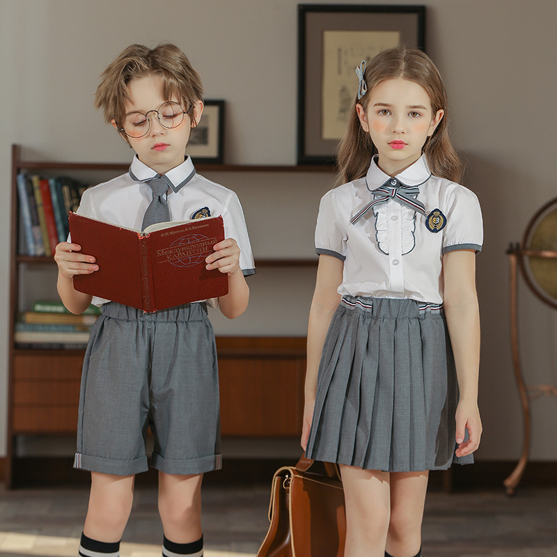 Set uniformă pentru copii, în stil britanic de colegiu – top cu mânecă scurtă și pantaloni, uniformă de vară, unisex