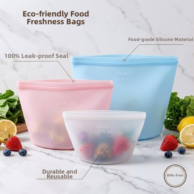 Sac de conservare din silicon alimentar, multifuncțional, pentru bucătărie și frigider, transparent