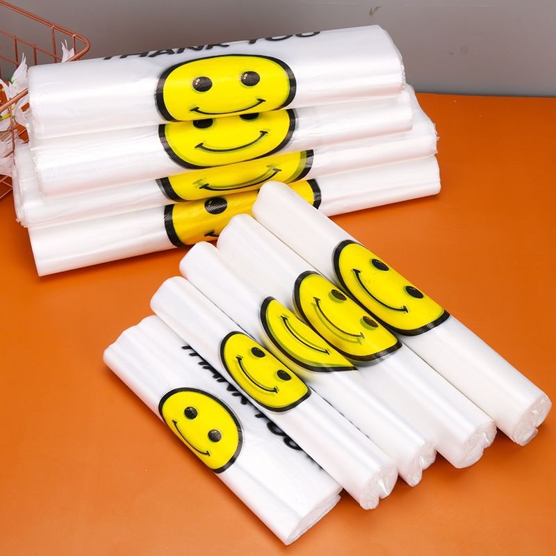 Geantă transparentă din plastic, cu design zâmbet, stil vestă, pentru ambalarea alimentelor și ambalaj general