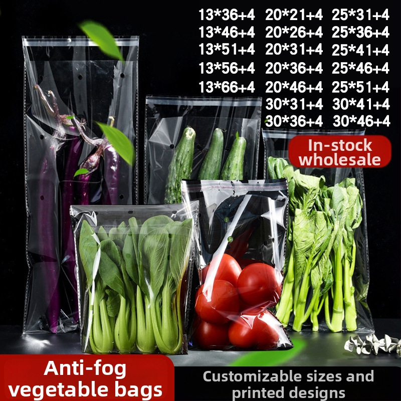 Geantă de ambalare anti-ceată pentru legume și fructe, transparentă, perforată, autoadezivă, plastic OPP