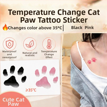 Abțibilduri tatuaj cu labă de pisică, care își schimbă culoarea în funcție de temperatură, impermeabile și rezistente la transpirație, stil drăguț, feminin, de durată