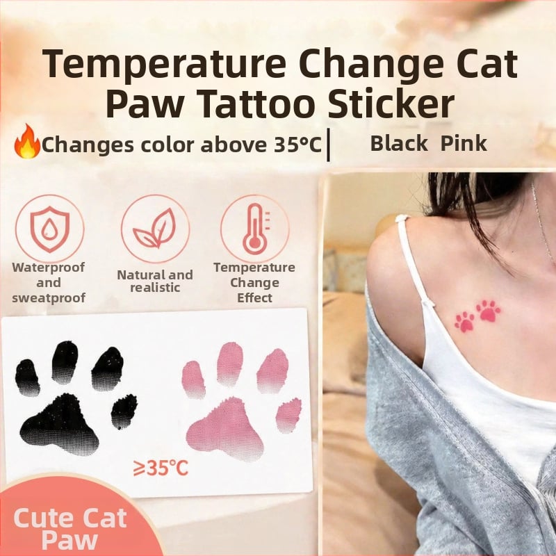 Abțibilduri tatuaj cu labă de pisică, care își schimbă culoarea în funcție de temperatură, impermeabile și rezistente la transpirație, stil drăguț, feminin, de durată