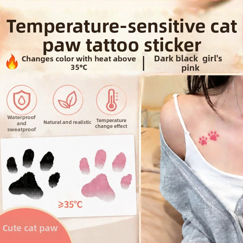 Abțibilduri tatuaj cu labă de pisică, care își schimbă culoarea în funcție de temperatură, impermeabile și rezistente la transpirație, stil drăguț, feminin, de durată