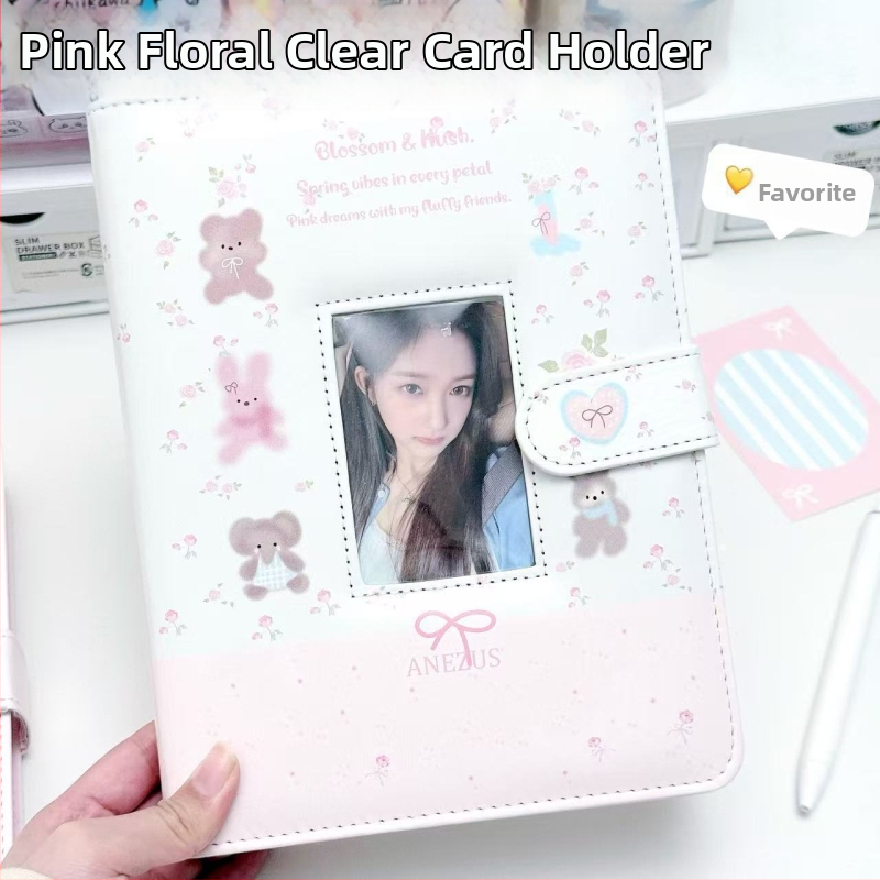 Album foto A5 cu fereastră pentru carduri și Polaroid, design ursuleț floral, husă PU