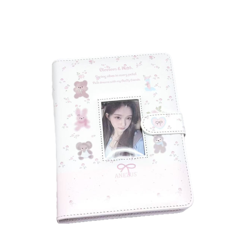 Album foto A5 cu fereastră pentru carduri și Polaroid, design ursuleț floral, husă PU