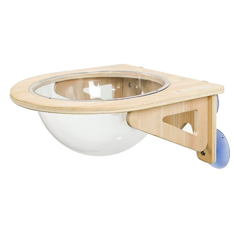 Platformă murală din lemn masiv pentru pisici, cu ventuze, design capsulă spațială, cadru de cățărare, fără găuri, montaj DIY