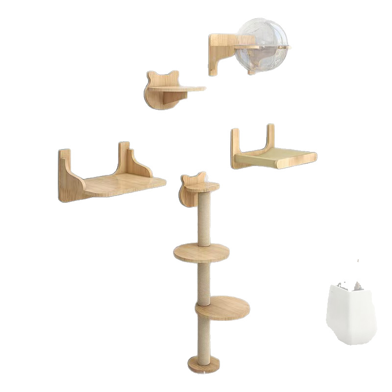 Platformă murală din lemn masiv pentru pisici, cu ventuze, design capsulă spațială, cadru de cățărare, fără găuri, montaj DIY