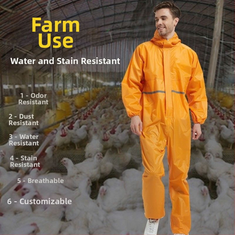 Combinezon cu glugă pentru fermă de porci — îmbrăcăminte de protecție pentru hrănire, rezistentă la praf, impermeabilă și rezistentă la ulei.