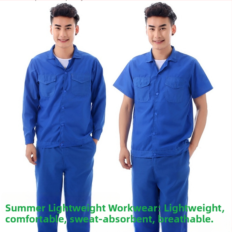 Set de lucru albastru din bumbac pentru vară, unisex, cu mâneci scurte și lungi, pentru auto service și uz industrial