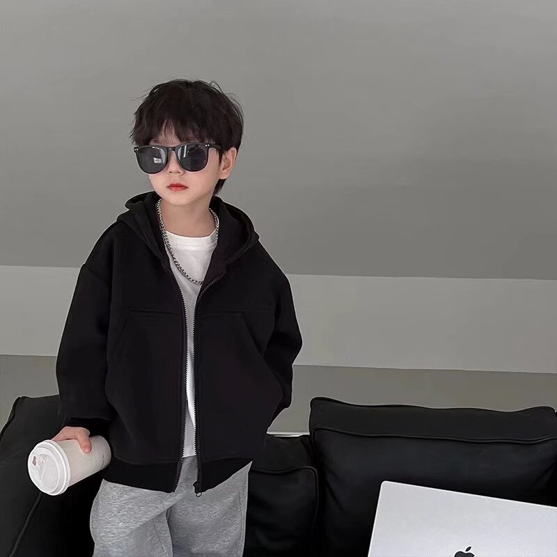 Geacă cu glugă unisex pentru copii, primăvară-toamnă 2025, culoare solidă, casual, pentru copii mai mari