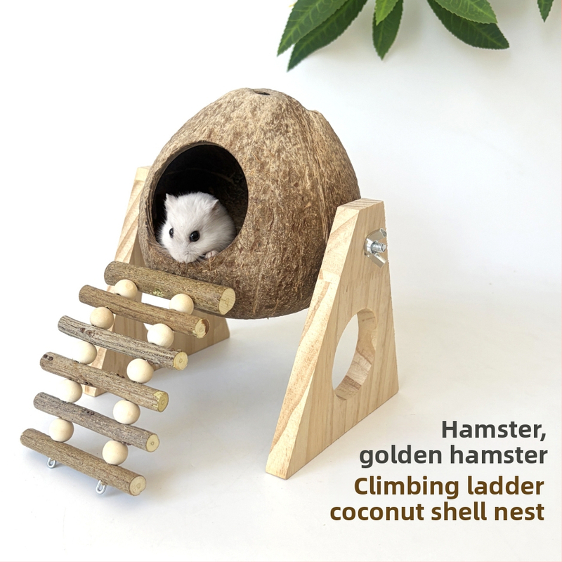 Jucărie din lemn pentru hamster cu scară din crenguțe, adăpost din coajă de nucă de cocos și platformă scenică pentru mestecat și alinarea plictiselii