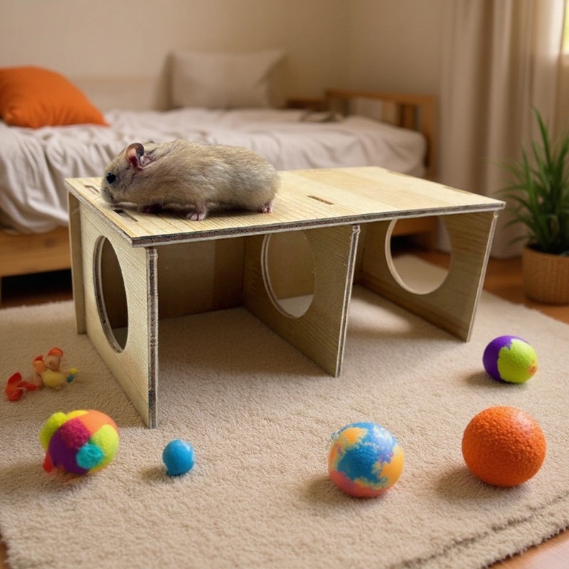 Hamster căsuță din lemn masiv cu adăpost ascuns și cuib de dormit — jucării DIY din lemn
