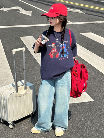 Tricou pentru fete, imprimeu Cola în stil coreean, din bumbac, mâneci scurte, top casual de vară