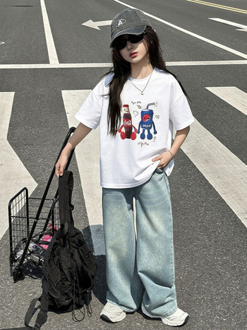 Tricou pentru fete, imprimeu Cola în stil coreean, din bumbac, mâneci scurte, top casual de vară