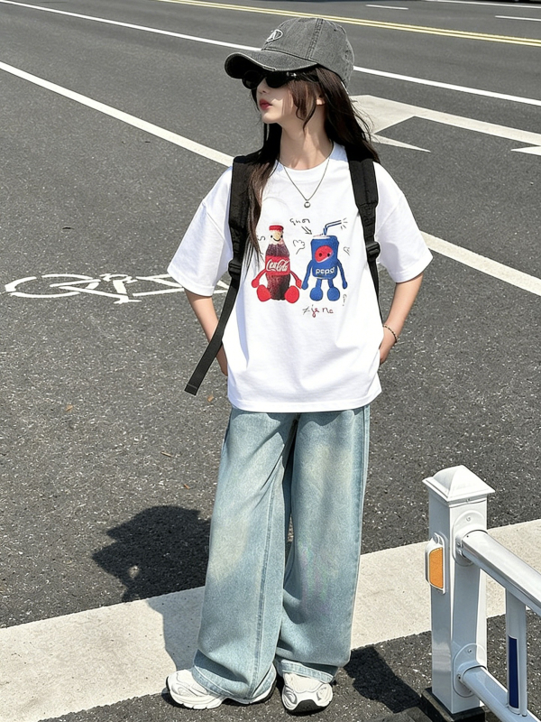 Tricou pentru fete, imprimeu Cola în stil coreean, din bumbac, mâneci scurte, top casual de vară