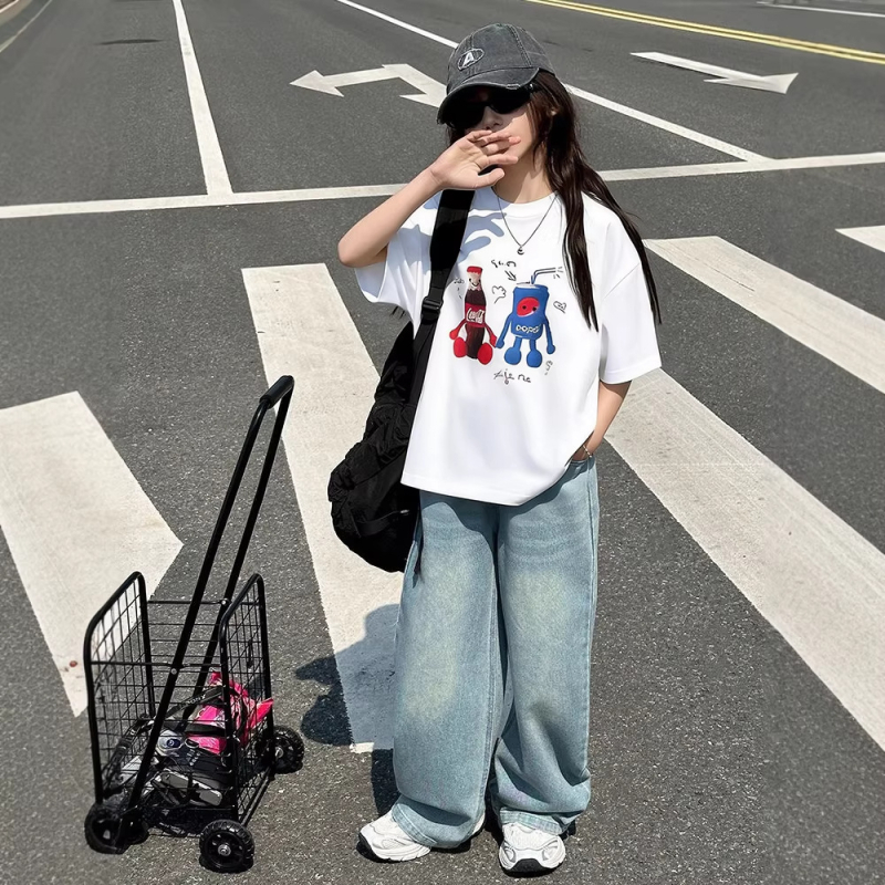 Tricou pentru fete, imprimeu Cola în stil coreean, din bumbac, mâneci scurte, top casual de vară
