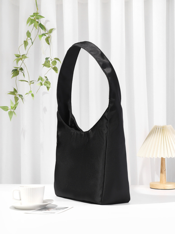 Geantă de umăr din nylon, culoare solidă, formă semicirculară, capacitate mare, stil minimalist, închidere cu fermoar, geantă casual cu mai multe buzunare