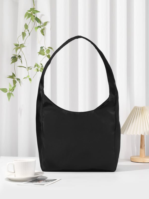 Geantă de umăr din nylon, culoare solidă, formă semicirculară, capacitate mare, stil minimalist, închidere cu fermoar, geantă casual cu mai multe buzunare