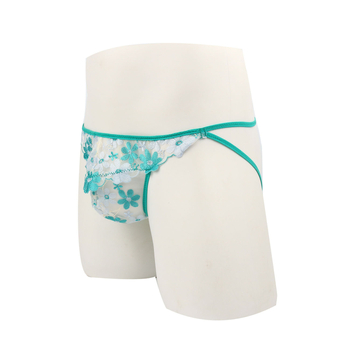 Tanga pentru bărbați, broderie florală mică, margine verde, respirabil, talie joasă, poliester