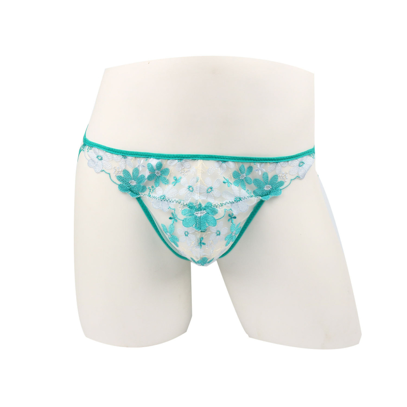 Tanga pentru bărbați, broderie florală mică, margine verde, respirabil, talie joasă, poliester