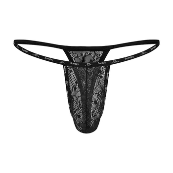 String de bărbați din dantelă, curele cu litere, talie joasă, lenjerie din plasă transparentă