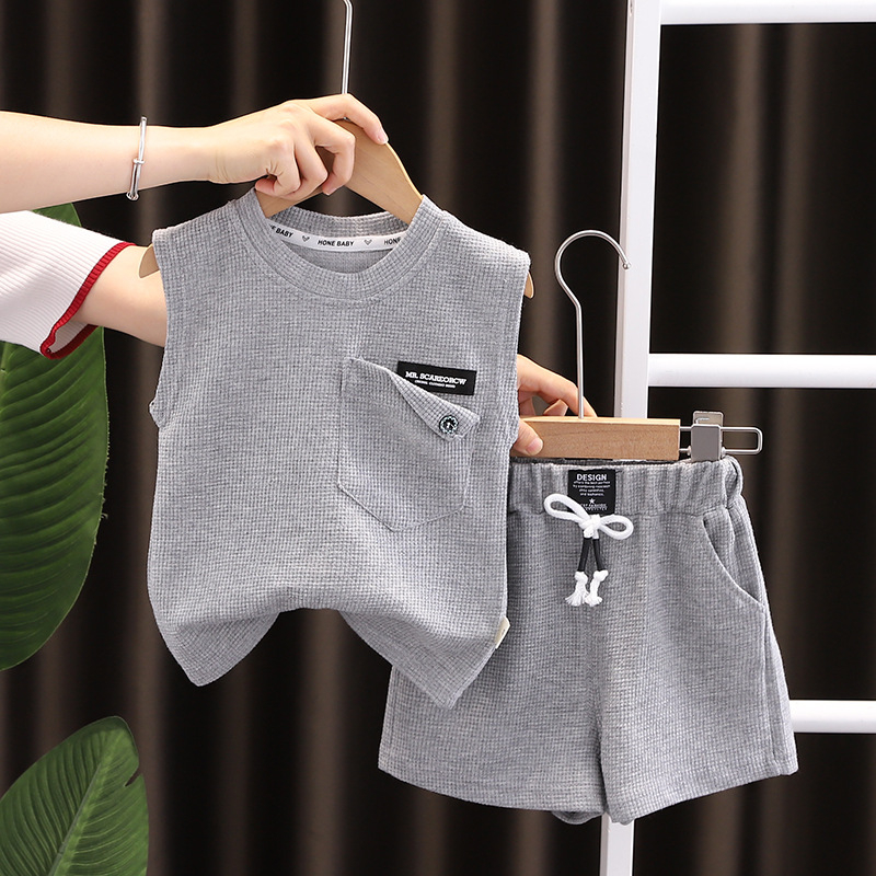 Set de două piese pentru copii, stil coreean, fără mâneci, vară 2024, tricot din bumbac, îmbrăcăminte sport casual