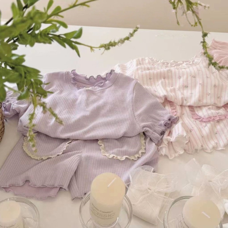 Set de pijamale pentru fetițe, două piese, vară 2026, dantelă, drăguț și confortabil pentru casă, stil coreean, antibacterian