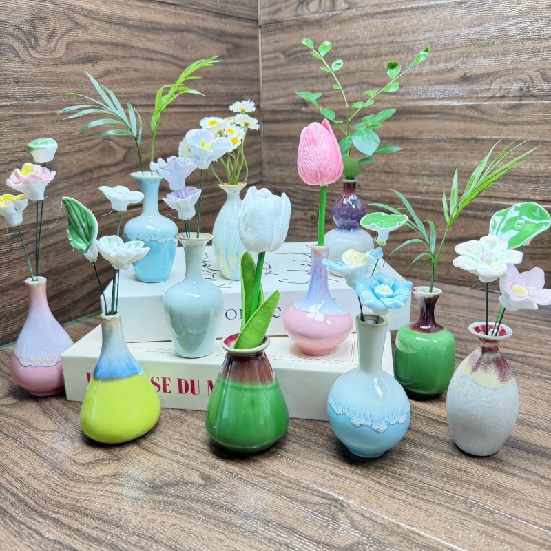 Vază ceramică mică, lucrată manual, pentru birou, vază decorativă pentru flori, artă ceramică cu glazură la cuptor