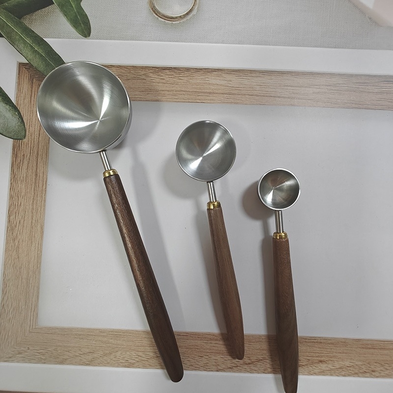 Mumer lingură de măsură din oțel inoxidabil 304 cu mâner din lemn – 3/9/23 ml – pentru boabe de cafea, cafea măcinată, lapte praf, coacere și condimente