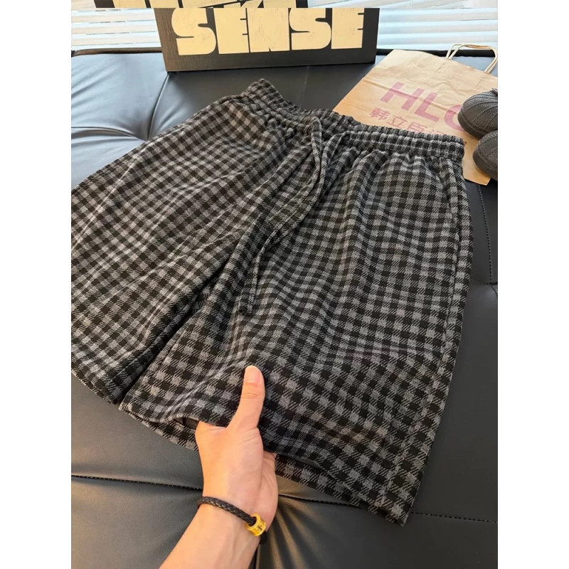 Shorturi de vară pentru bărbați, stil japonez minimalist, în carouri, material ușor din poliester, croială lejeră, potrivite pentru plajă și purtare zilnică