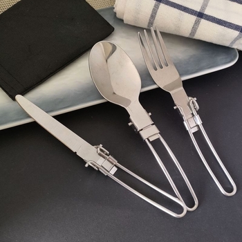 Tacâmuri de camping din oțel inoxidabil, set de 3 piese cu husă din nylon, pliabile, cuțit, furculiță și lingură