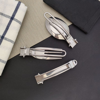Tacâmuri de camping din oțel inoxidabil, set de 3 piese cu husă din nylon, pliabile, cuțit, furculiță și lingură