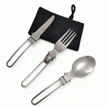 Tacâmuri de camping din oțel inoxidabil, set de 3 piese cu husă din nylon, pliabile, cuțit, furculiță și lingură
