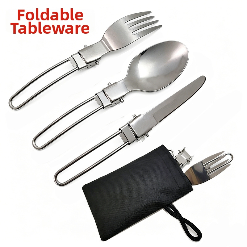Tacâmuri de camping din oțel inoxidabil, set de 3 piese cu husă din nylon, pliabile, cuțit, furculiță și lingură