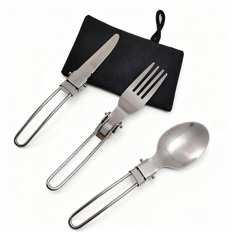 Tacâmuri de camping din oțel inoxidabil, set de 3 piese cu husă din nylon, pliabile, cuțit, furculiță și lingură