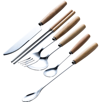 Set de tacâmuri pentru uz casnic, stil japonesc, cu mâner din lemn de fag și oțel inoxidabil: cuțit și furculiță pentru bucătăria occidentală, linguriță de cafea și linguriță de desert, bețișoare