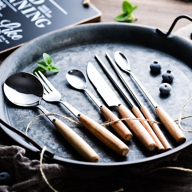 Set de tacâmuri pentru uz casnic, stil japonesc, cu mâner din lemn de fag și oțel inoxidabil: cuțit și furculiță pentru bucătăria occidentală, linguriță de cafea și linguriță de desert, bețișoare