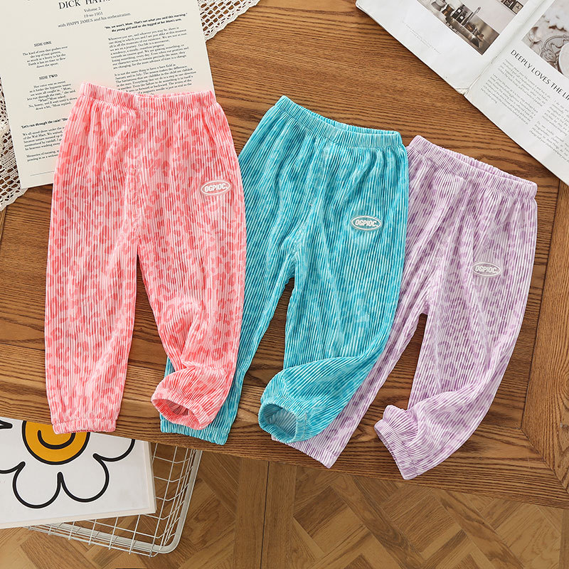 Pantaloni anti-țânțari pentru copii, ușori de vară, imprimeu leopard, cu pliuri, la gleznă cu manșetă elastice