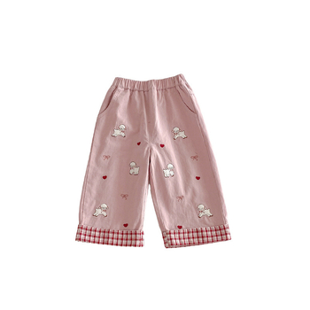 Pantaloni casual pentru fetițe, din bumbac 100%, cu fundă și motiv miel, tiv pliat, Primăvara 2026