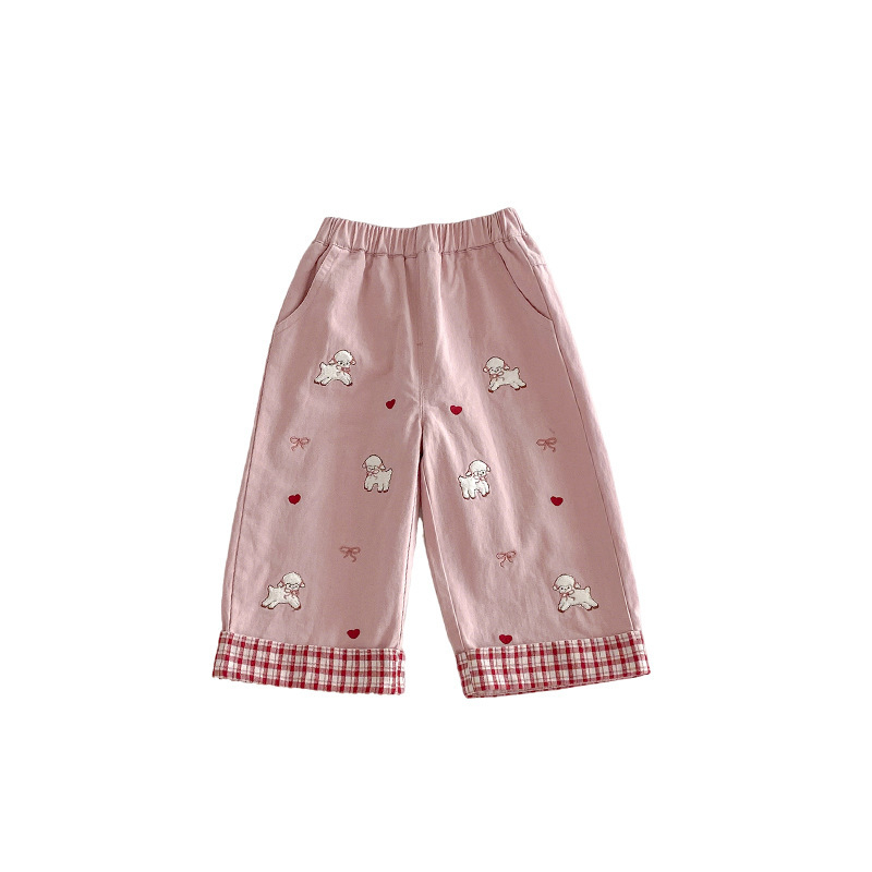 Pantaloni casual pentru fetițe, din bumbac 100%, cu fundă și motiv miel, tiv pliat, Primăvara 2026