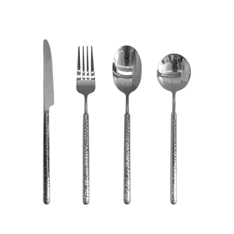 Set de tacâmuri occidentale din oțel inoxidabil, cu finisaj ciocănit și luciu oglindă, cu cuțit pentru steak cu model circular diamantat, lingură și furculiță, 3 piese, stil hotel