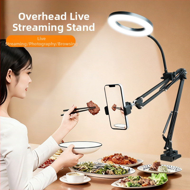 Suport universal pentru streaming cu iluminator și suport pentru telefon poziționat deasupra, pentru fotografie și videoclipuri scurte pe birou.