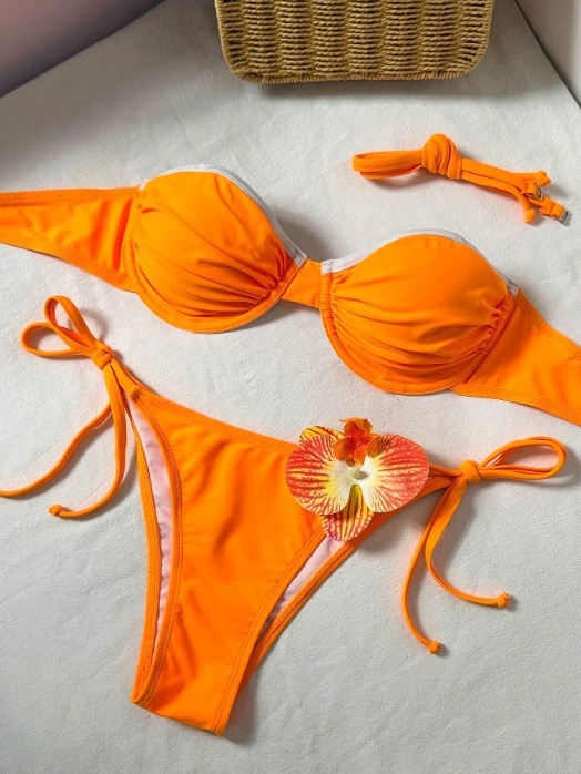 Set de bikini două piese portocaliu sexy, cupe cu sârmă subțire pentru susținere, bretele detașabile, spate decupat, șireturi