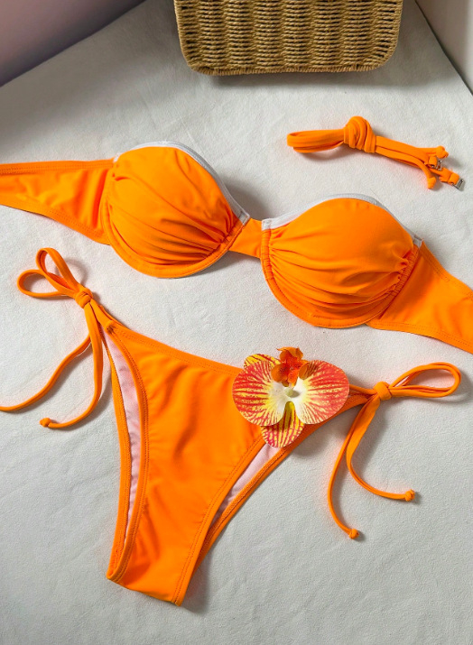 Set de bikini două piese portocaliu sexy, cupe cu sârmă subțire pentru susținere, bretele detașabile, spate decupat, șireturi