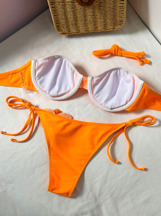 Set de bikini două piese portocaliu sexy, cupe cu sârmă subțire pentru susținere, bretele detașabile, spate decupat, șireturi